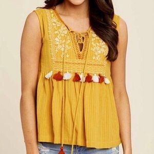THML Embroidered Mustard Sleeveless Top